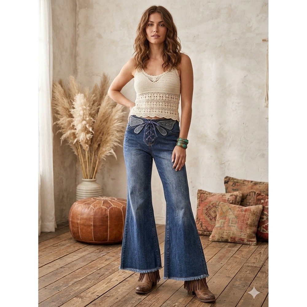 Vtg Inspired Y2K Butterfly Denim Jeans Size 13 Boho Lace Up Western Flare Leg